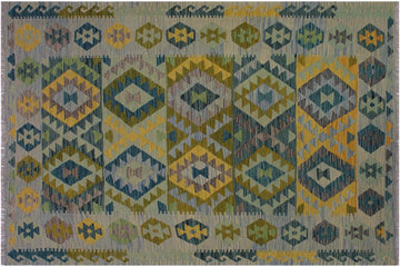 Flat Weave Kilim, Antique, Navaho, Vintage, Handmade, Geometric Kilim Gray Blue Hand-Woven Rectangle 100% Wool Area Rug 5 x 7